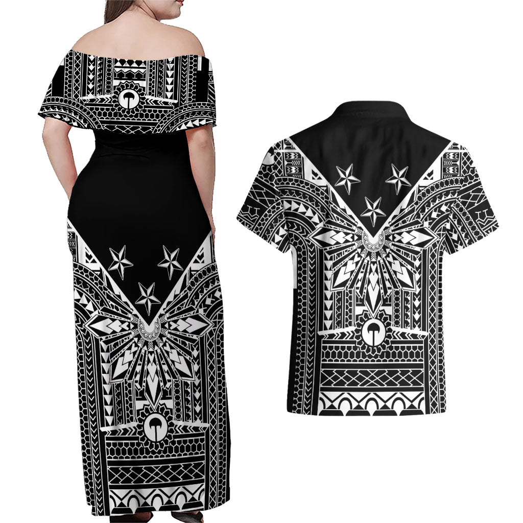 Black Philippines Sun Star Couples Matching Off Shoulder Maxi Dress and Hawaiian Shirt Igorot Tribal Inspiration