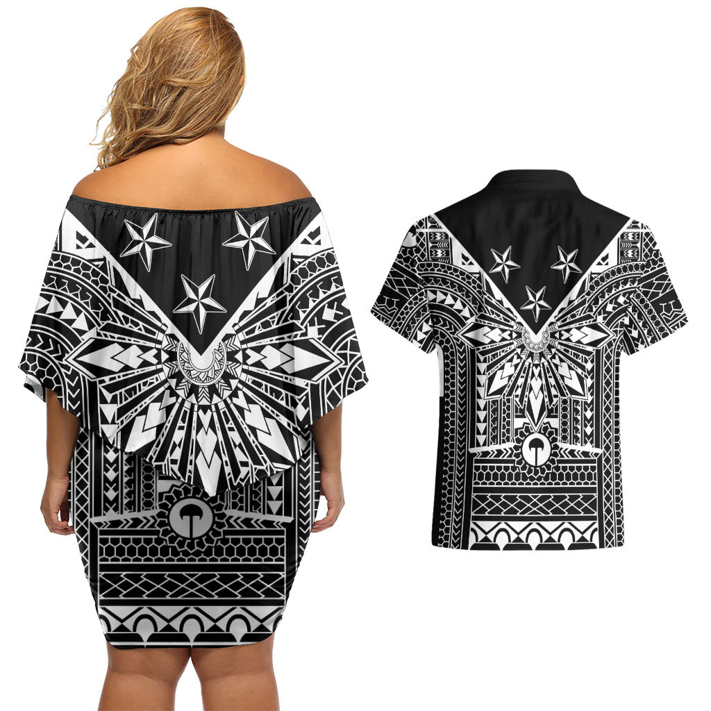 Black Philippines Sun Star Couples Matching Off Shoulder Short Dress and Hawaiian Shirt Igorot Tribal Inspiration