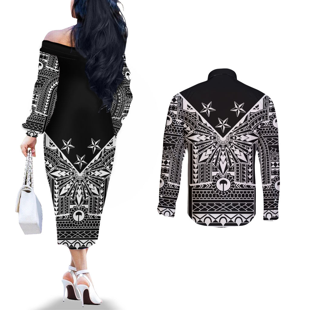 Black Philippines Sun Star Couples Matching Off The Shoulder Long Sleeve Dress and Long Sleeve Button Shirt Igorot Tribal Inspiration