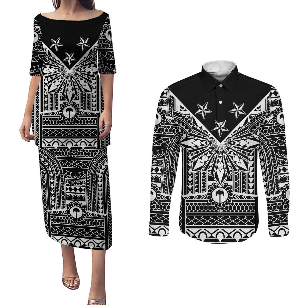Black Philippines Sun Star Couples Matching Puletasi and Long Sleeve Button Shirt Igorot Tribal Inspiration
