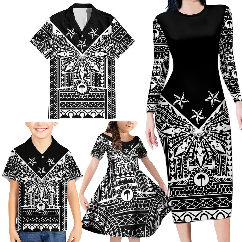 Black Philippines Sun Star Family Matching Long Sleeve Bodycon Dress and Hawaiian Shirt Igorot Tribal Inspiration