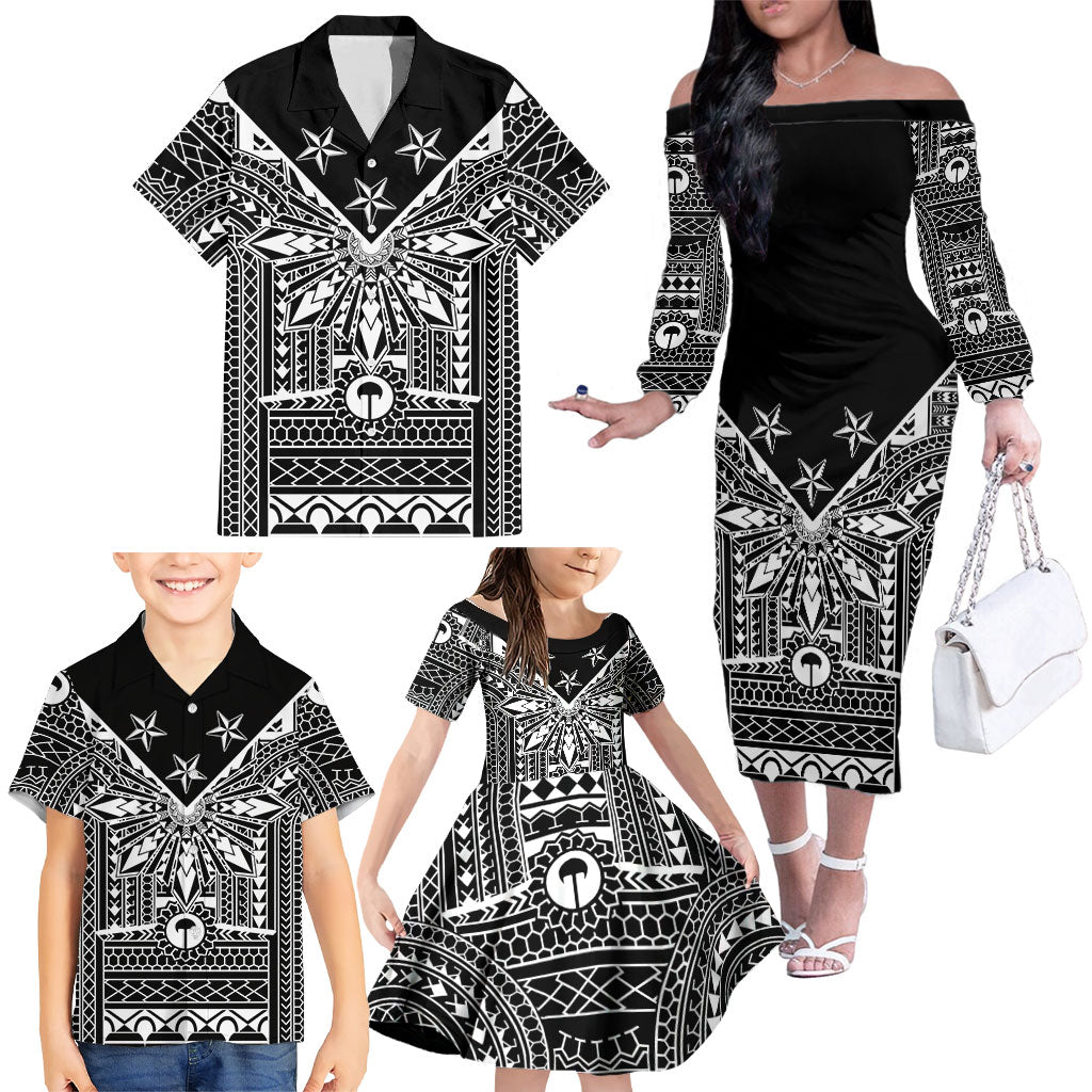 Black Philippines Sun Star Family Matching Off The Shoulder Long Sleeve Dress and Hawaiian Shirt Igorot Tribal Inspiration LT05 - Polynesian Pride