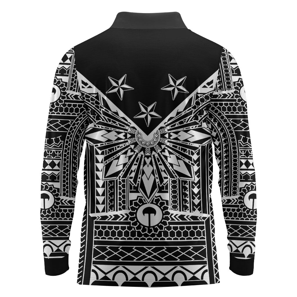 Black Philippines Sun Star Long Sleeve Polo Shirt Igorot Tribal Inspiration