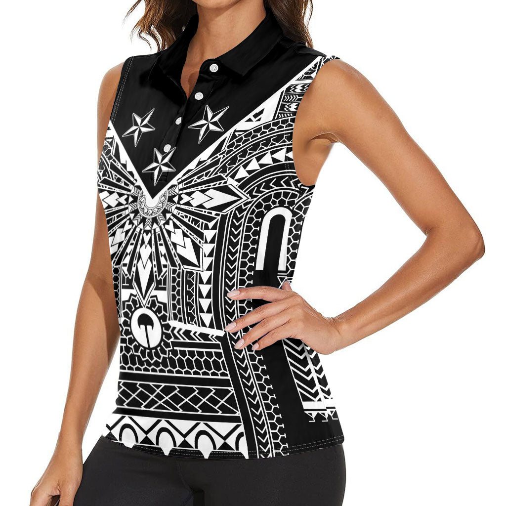 Black Philippines Sun Star Women Sleeveless Polo Shirt Igorot Tribal Inspiration