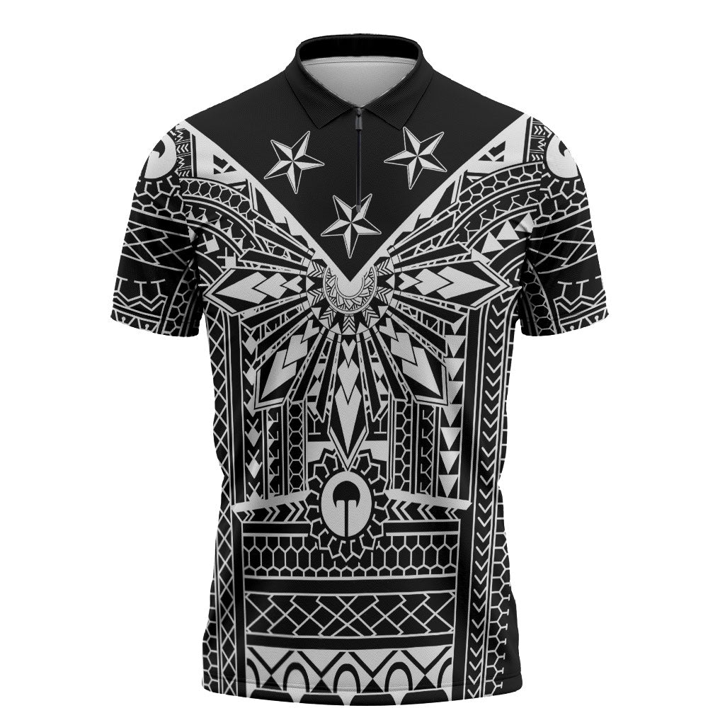 Black Philippines Sun Star Zipper Polo Shirt Igorot Tribal Inspiration