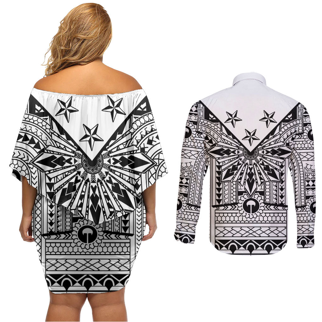White Philippines Sun Star Couples Matching Off Shoulder Short Dress and Long Sleeve Button Shirt Igorot Tribal Inspiration