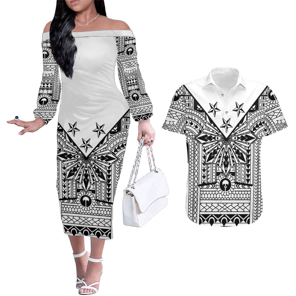 White Philippines Sun Star Couples Matching Off The Shoulder Long Sleeve Dress and Hawaiian Shirt Igorot Tribal Inspiration