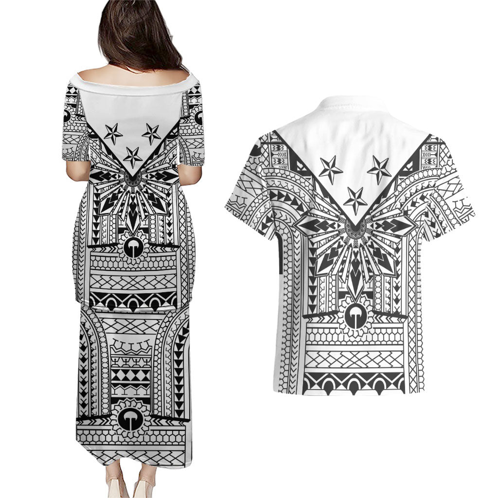 White Philippines Sun Star Couples Matching Puletasi and Hawaiian Shirt Igorot Tribal Inspiration
