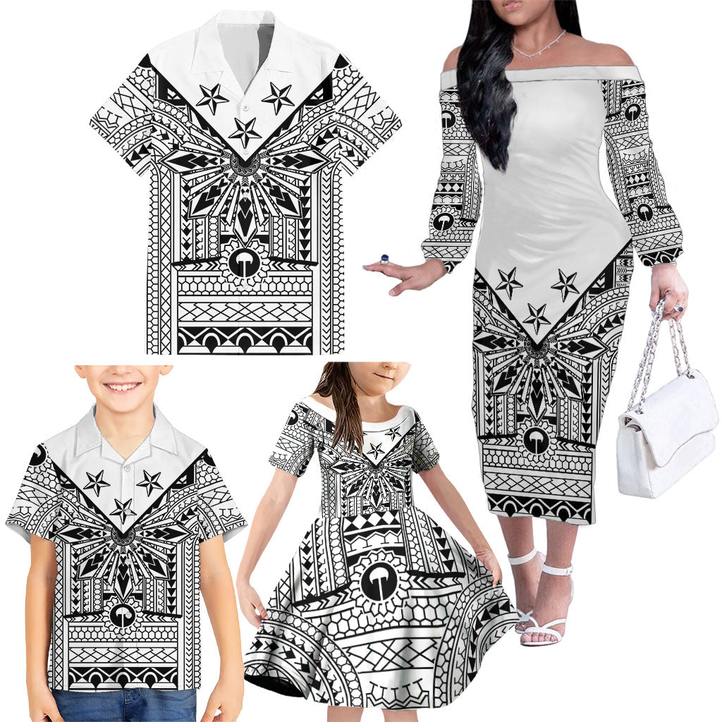 White Philippines Sun Star Family Matching Off The Shoulder Long Sleeve Dress and Hawaiian Shirt Igorot Tribal Inspiration
