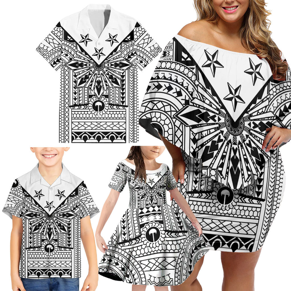 White Philippines Sun Star Family Matching Off Shoulder Short Dress and Hawaiian Shirt Igorot Tribal Inspiration