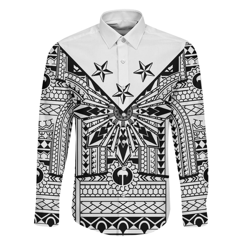 White Philippines Sun Star Family Matching Summer Maxi Dress and Hawaiian Shirt Igorot Tribal Inspiration LT05 Dad's Shirt - Long Sleeve White - Polynesian Pride