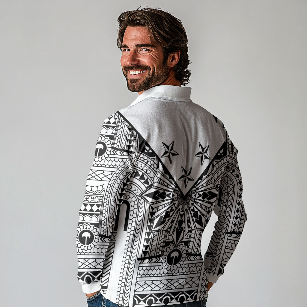 White Philippines Sun Star Long Sleeve Polo Shirt Igorot Tribal Inspiration