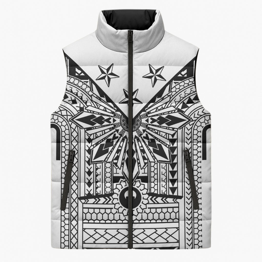 White Philippines Sun Star Sleeveless Puffer Jacket Igorot Tribal Inspiration