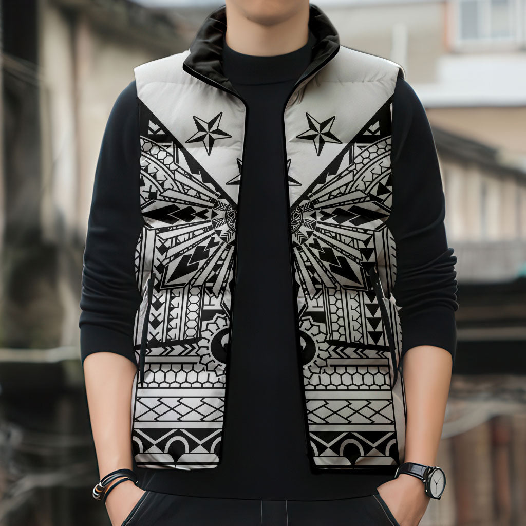 White Philippines Sun Star Sleeveless Puffer Jacket Igorot Tribal Inspiration