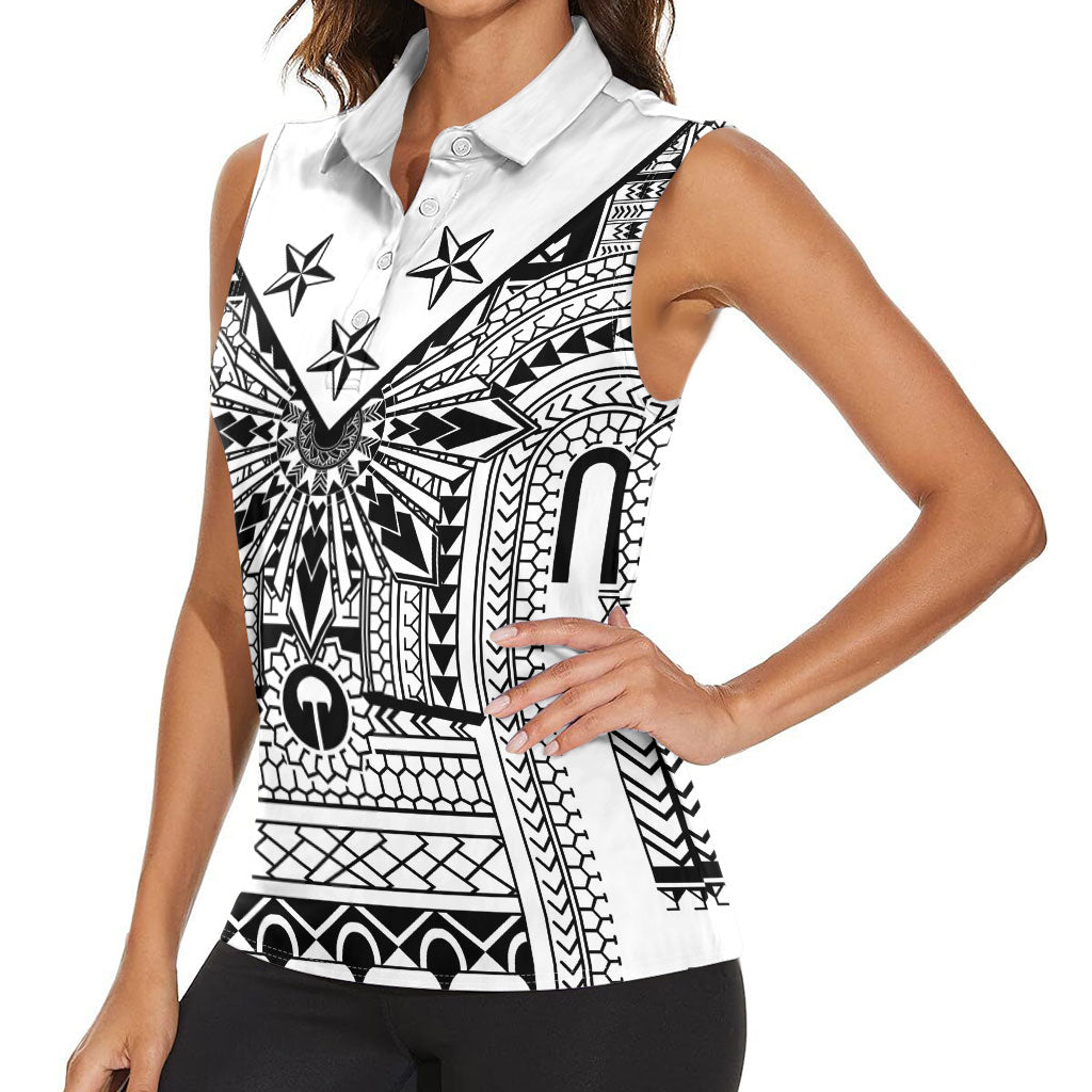 White Philippines Sun Star Women Sleeveless Polo Shirt Igorot Tribal Inspiration