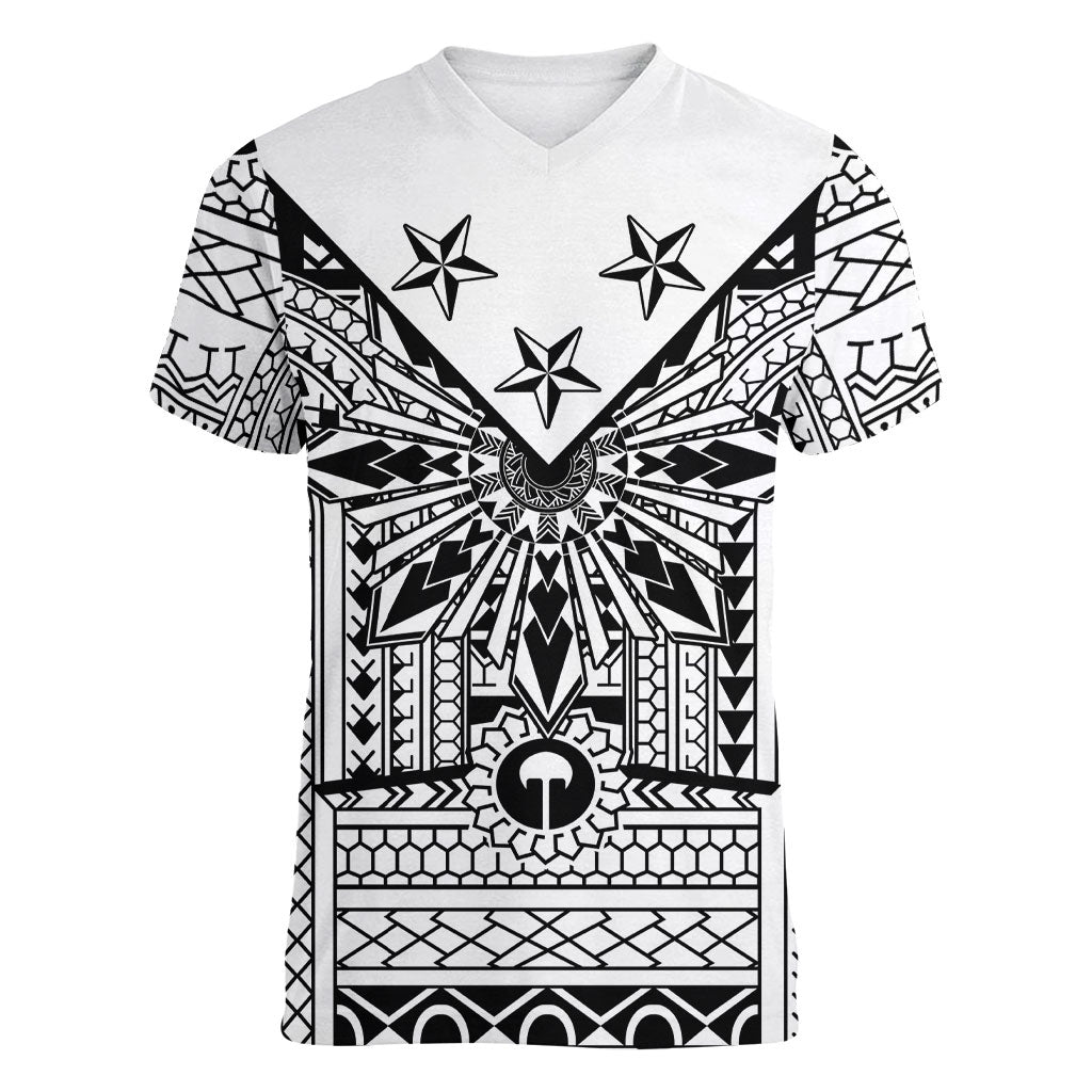 White Philippines Sun Star Women V-Neck T-Shirt Igorot Tribal Inspiration