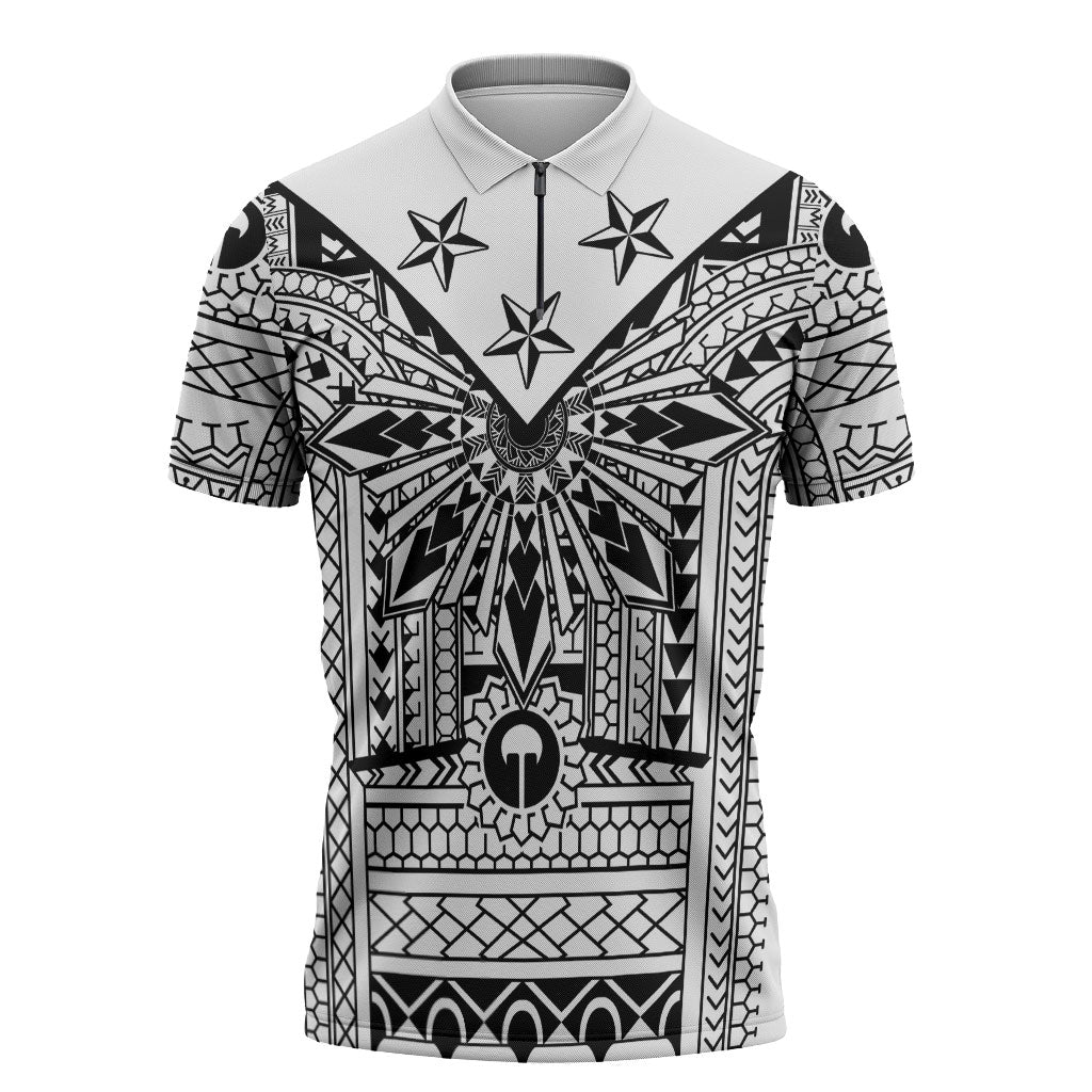 White Philippines Sun Star Zipper Polo Shirt Igorot Tribal Inspiration