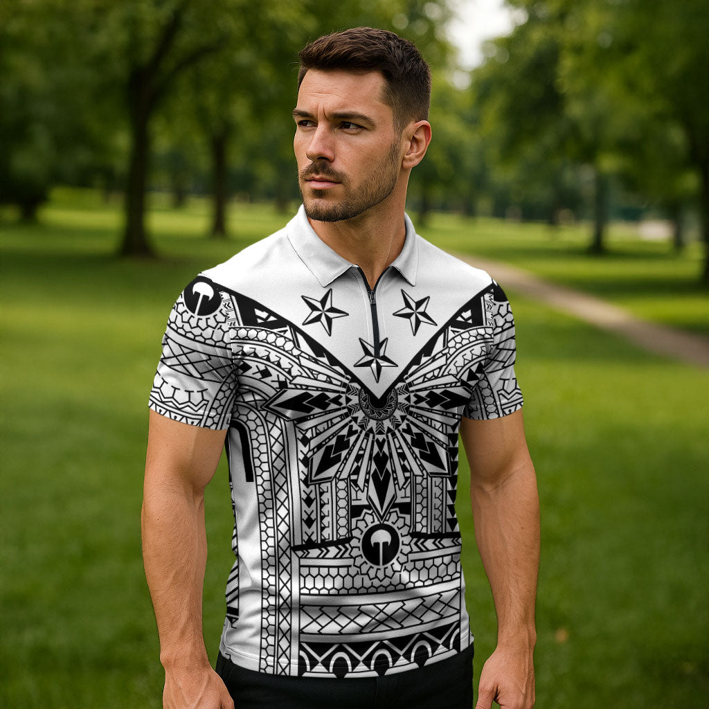 White Philippines Sun Star Zipper Polo Shirt Igorot Tribal Inspiration