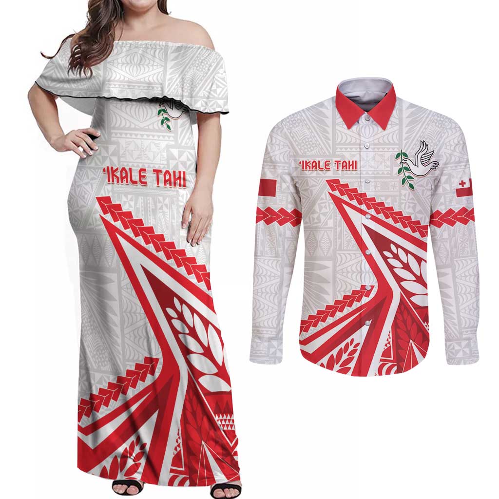 Custom Tonga Rugby 2024 Pacific Couples Matching Off Shoulder Maxi Dress and Long Sleeve Button Shirt Go Ikale Tahi