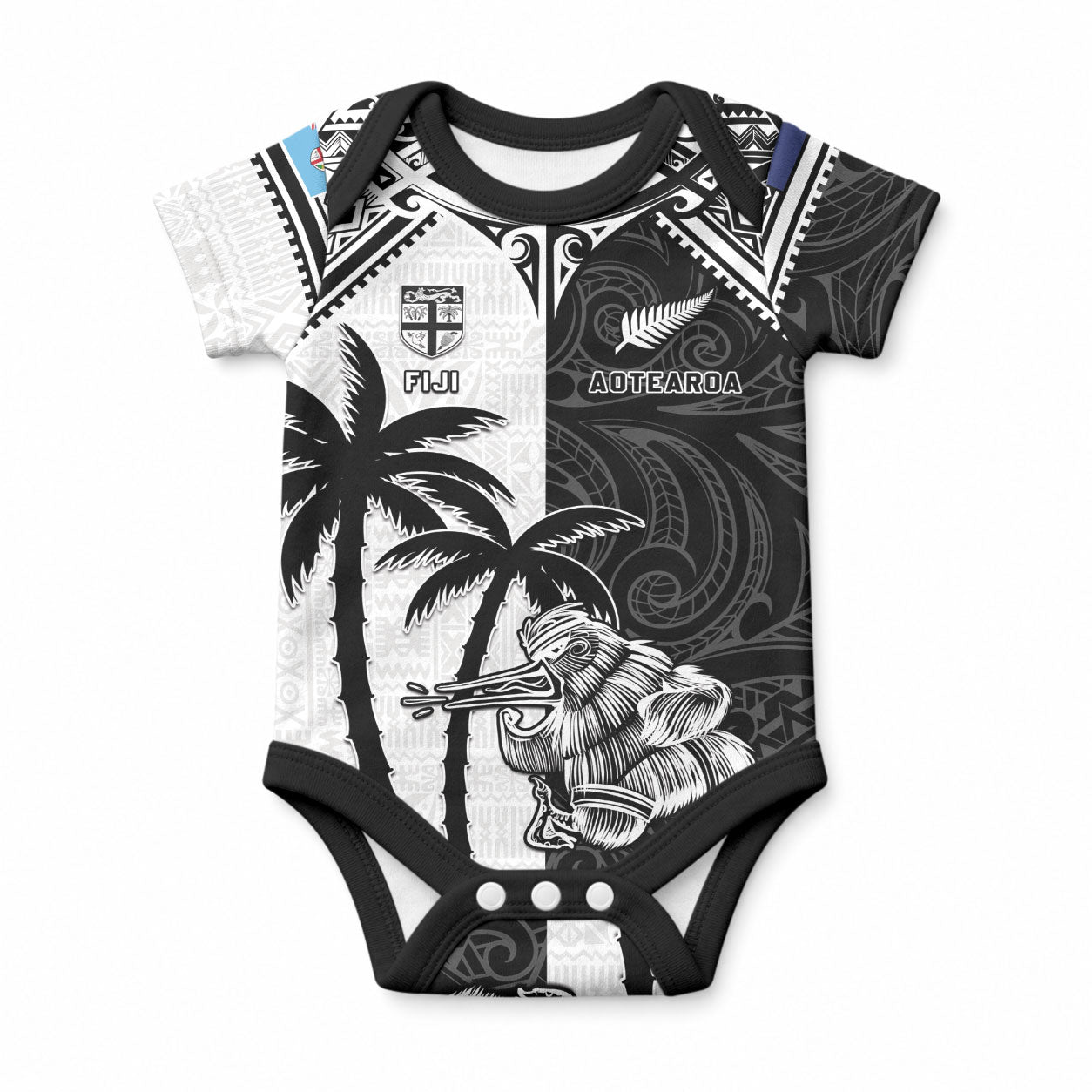 Custom New Zealand Fiji Rugby 2024 Baby Onesie Maori Kiwi With Fijian Palm Tree LT05 Black - Polynesian Pride