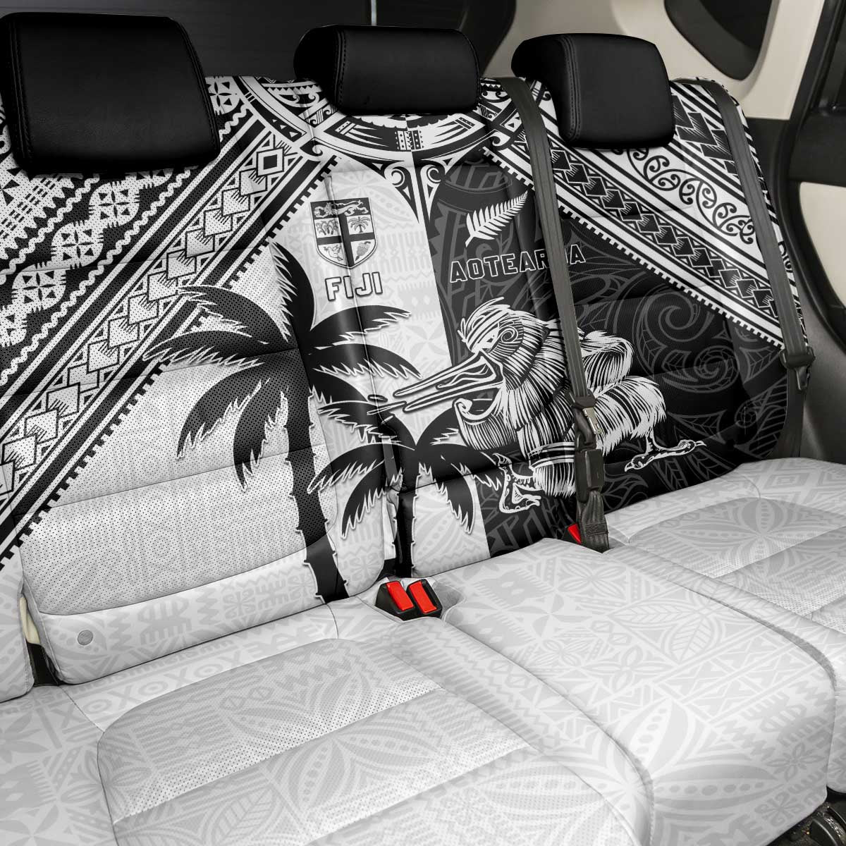 New Zealand And Fiji Rugby 2024 Back Car Seat Cover Maori Kiwi With Fijian Palm Tree