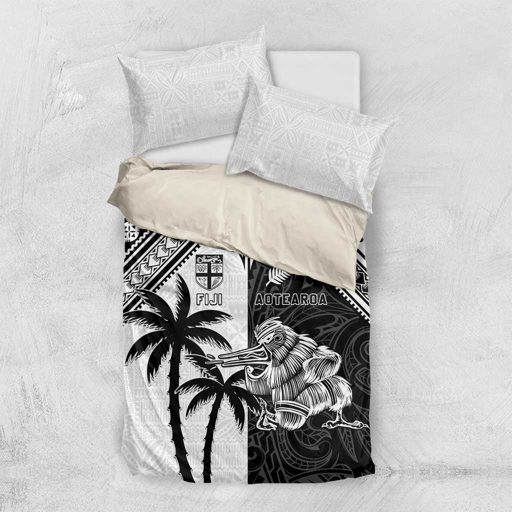 New Zealand And Fiji Rugby 2024 Bedding Set Maori Kiwi With Fijian Palm Tree LT05 US Twin 172cm x 218cm Black - Polynesian Pride