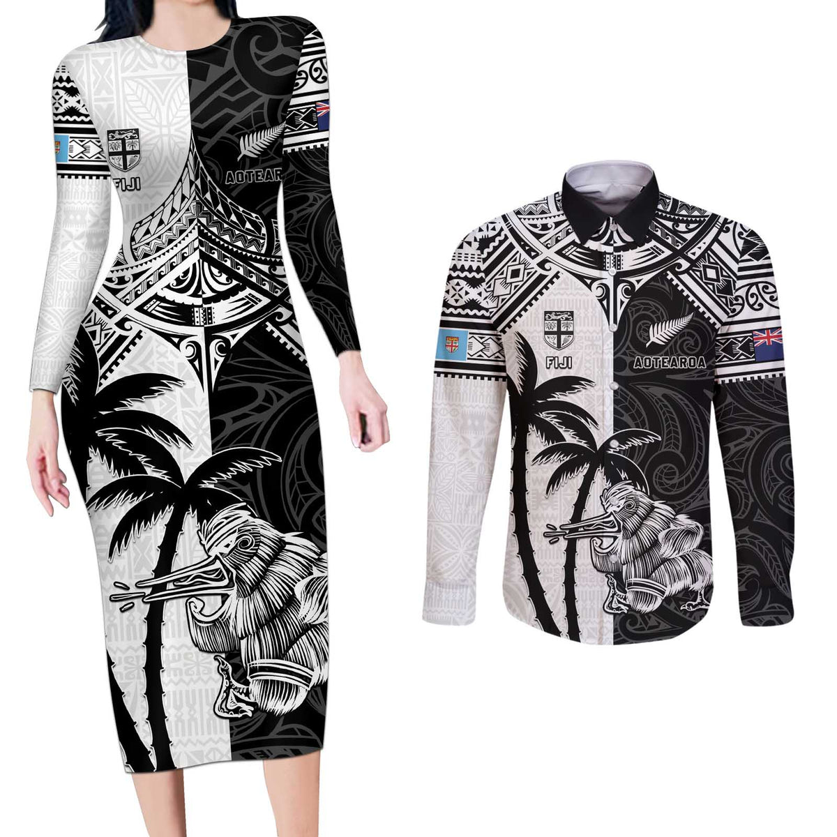 Custom New Zealand And Fiji Rugby 2024 Couples Matching Long Sleeve Bodycon Dress and Long Sleeve Button Shirt Maori Kiwi With Fijian Palm Tree LT05 Black - Polynesian Pride