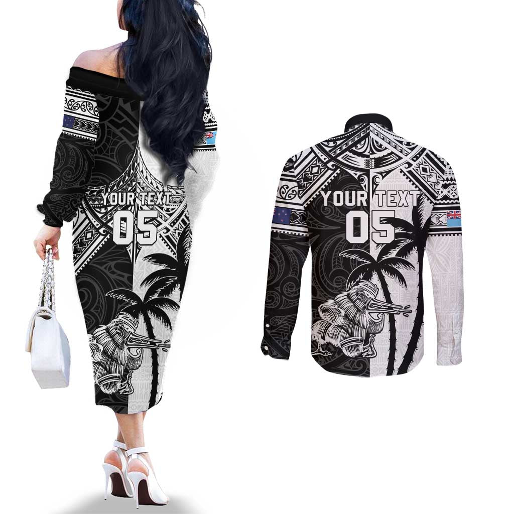 Custom New Zealand And Fiji Rugby 2024 Couples Matching Off The Shoulder Long Sleeve Dress and Long Sleeve Button Shirt Maori Kiwi With Fijian Palm Tree LT05 - Polynesian Pride