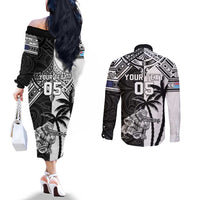 Custom New Zealand And Fiji Rugby 2024 Couples Matching Off The Shoulder Long Sleeve Dress and Long Sleeve Button Shirt Maori Kiwi With Fijian Palm Tree LT05 - Polynesian Pride