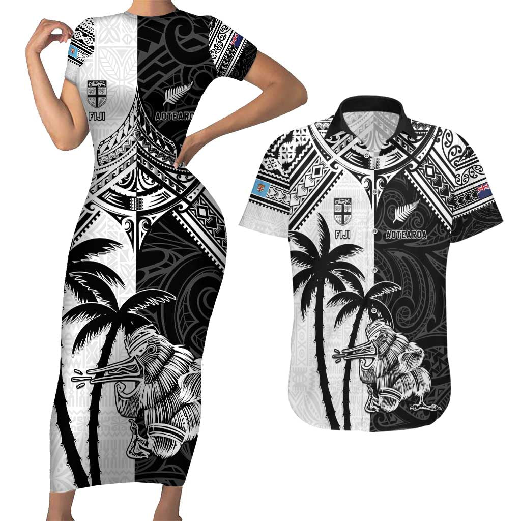 Custom New Zealand And Fiji Rugby 2024 Couples Matching Short Sleeve Bodycon Dress and Hawaiian Shirt Maori Kiwi With Fijian Palm Tree