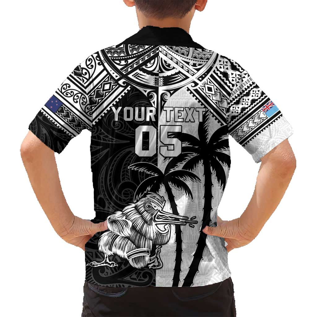 Custom New Zealand And Fiji Rugby 2024 Family Matching Long Sleeve Bodycon Dress and Hawaiian Shirt Maori Kiwi With Fijian Palm Tree LT05 - Polynesian Pride