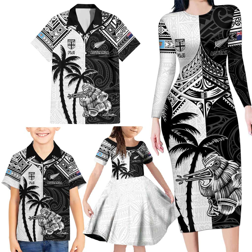 Custom New Zealand And Fiji Rugby 2024 Family Matching Long Sleeve Bodycon Dress and Hawaiian Shirt Maori Kiwi With Fijian Palm Tree LT05 - Polynesian Pride