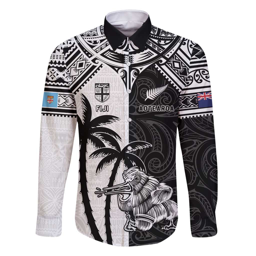 Custom New Zealand And Fiji Rugby 2024 Family Matching Long Sleeve Bodycon Dress and Hawaiian Shirt Maori Kiwi With Fijian Palm Tree LT05 Dad's Shirt - Long Sleeve Black - Polynesian Pride