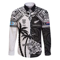 Custom New Zealand And Fiji Rugby 2024 Family Matching Long Sleeve Bodycon Dress and Hawaiian Shirt Maori Kiwi With Fijian Palm Tree LT05 Dad's Shirt - Long Sleeve Black - Polynesian Pride