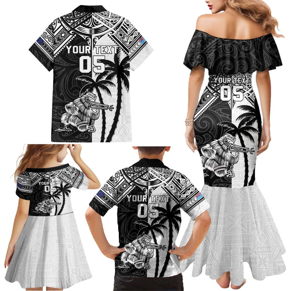 Custom New Zealand And Fiji Rugby 2024 Family Matching Mermaid Dress and Hawaiian Shirt Maori Kiwi With Fijian Palm Tree LT05 - Polynesian Pride