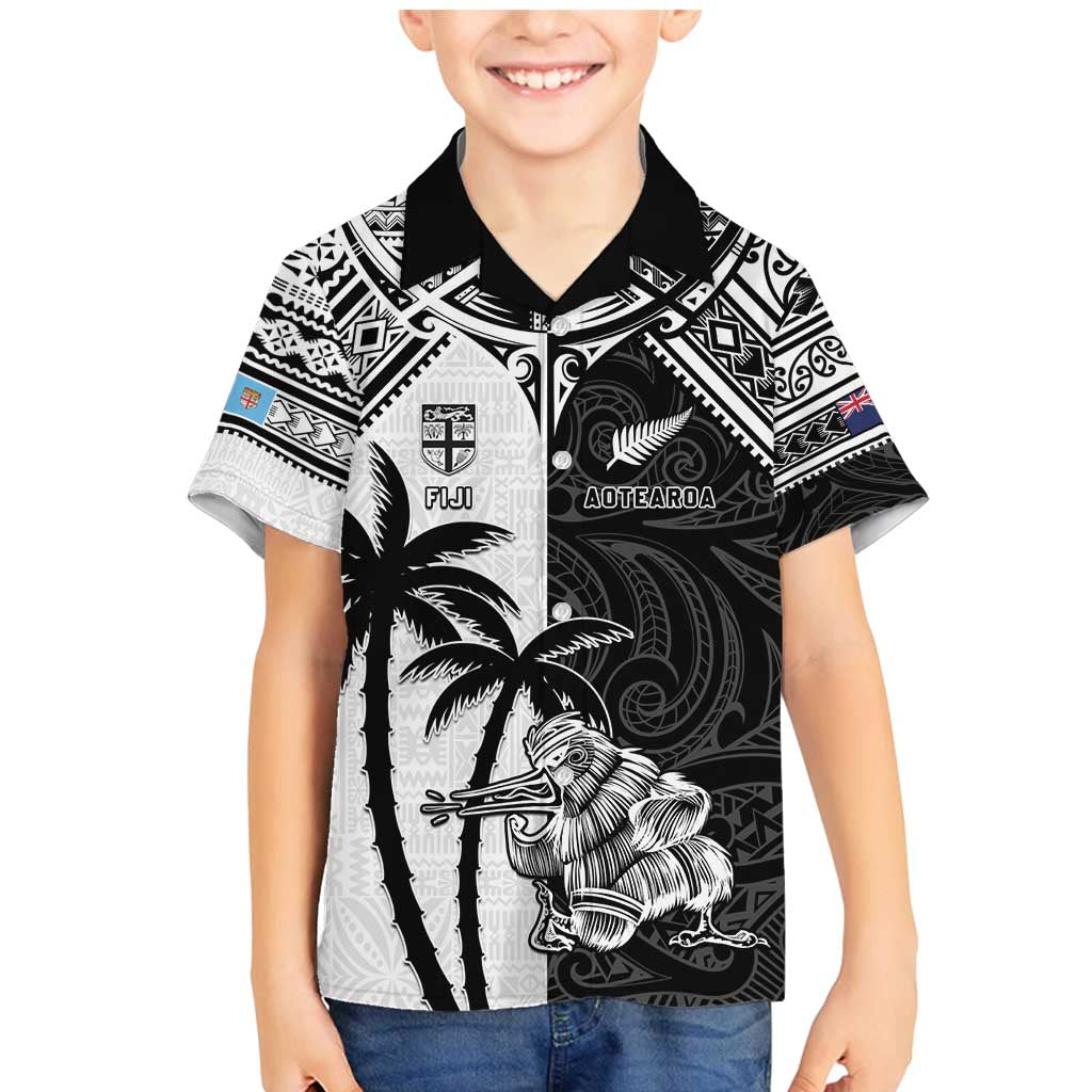 Custom New Zealand And Fiji Rugby 2024 Family Matching Mermaid Dress and Hawaiian Shirt Maori Kiwi With Fijian Palm Tree LT05 Son's Shirt Black - Polynesian Pride