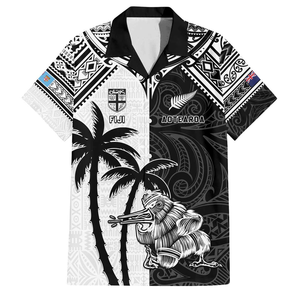 Custom New Zealand And Fiji Rugby 2024 Family Matching Puletasi and Hawaiian Shirt Maori Kiwi With Fijian Palm Tree LT05 Dad's Shirt - Short Sleeve Black - Polynesian Pride