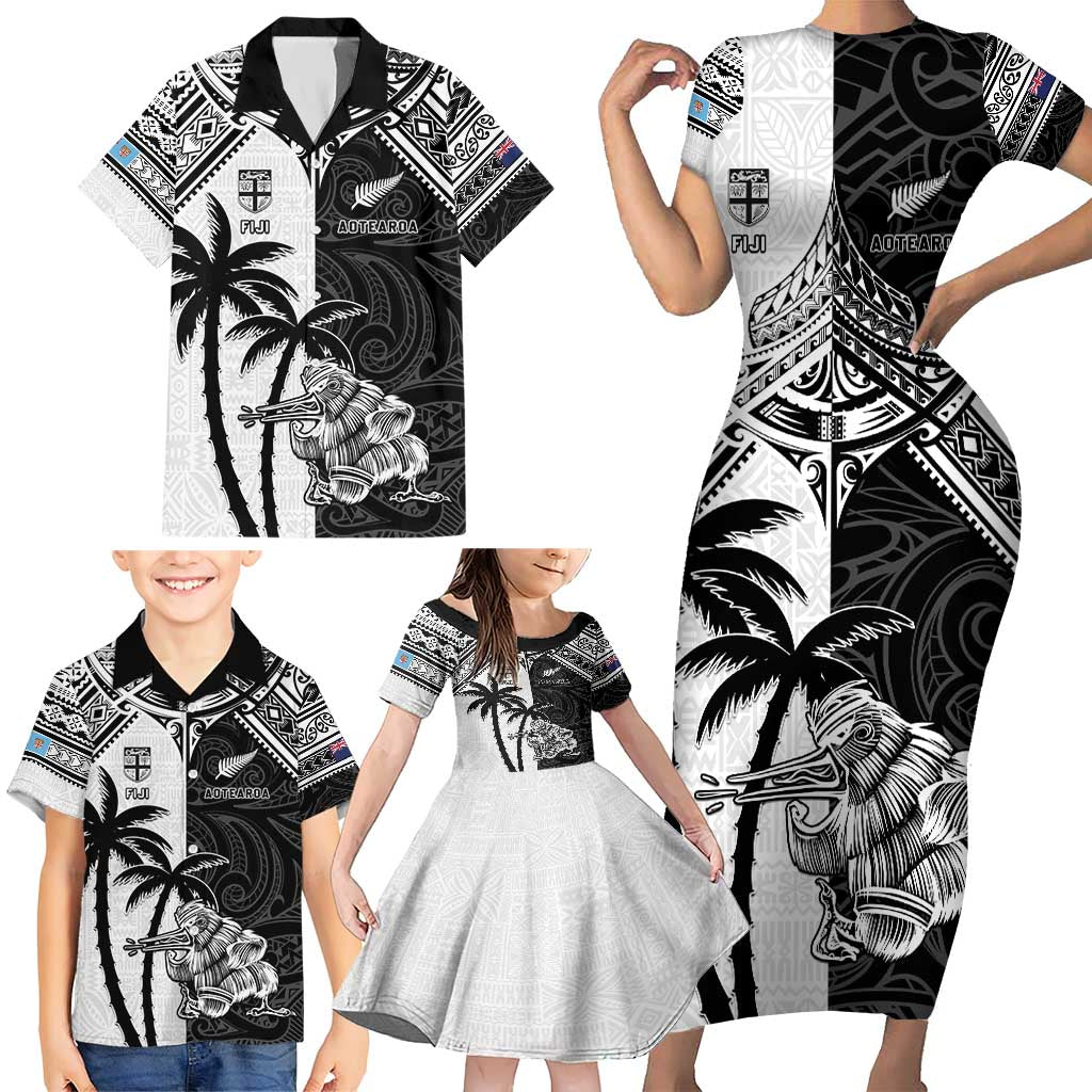 Custom New Zealand And Fiji Rugby 2024 Family Matching Short Sleeve Bodycon Dress and Hawaiian Shirt Maori Kiwi With Fijian Palm Tree LT05 - Polynesian Pride