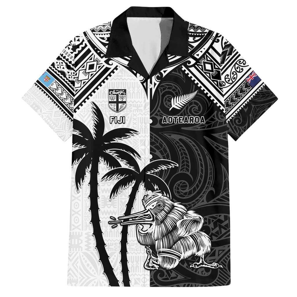 Custom New Zealand And Fiji Rugby 2024 Family Matching Short Sleeve Bodycon Dress and Hawaiian Shirt Maori Kiwi With Fijian Palm Tree LT05 Dad's Shirt - Short Sleeve Black - Polynesian Pride