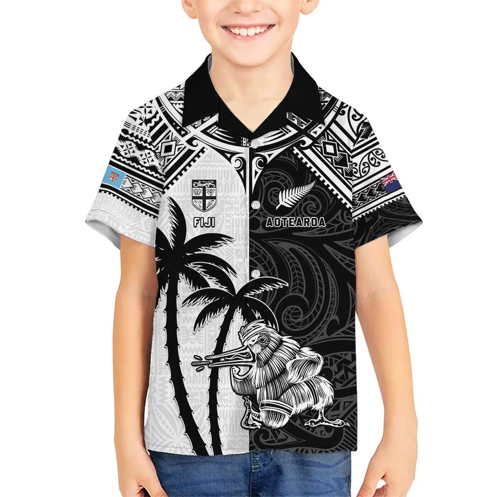 Custom New Zealand And Fiji Rugby 2024 Family Matching Short Sleeve Bodycon Dress and Hawaiian Shirt Maori Kiwi With Fijian Palm Tree LT05 Son's Shirt Black - Polynesian Pride