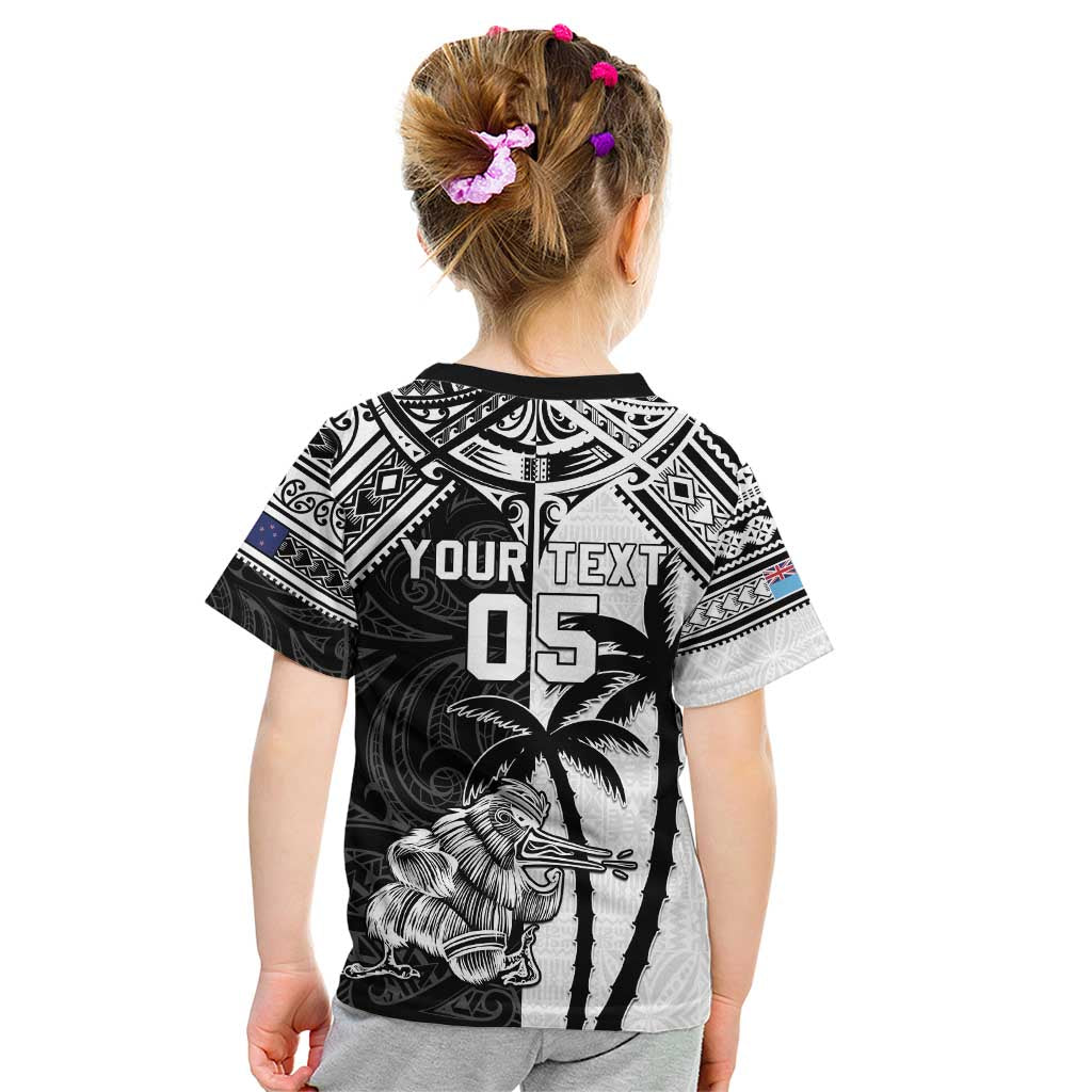 Custom New Zealand And Fiji Rugby 2024 Kid T Shirt Maori Kiwi With Fijian Palm Tree LT05 - Polynesian Pride