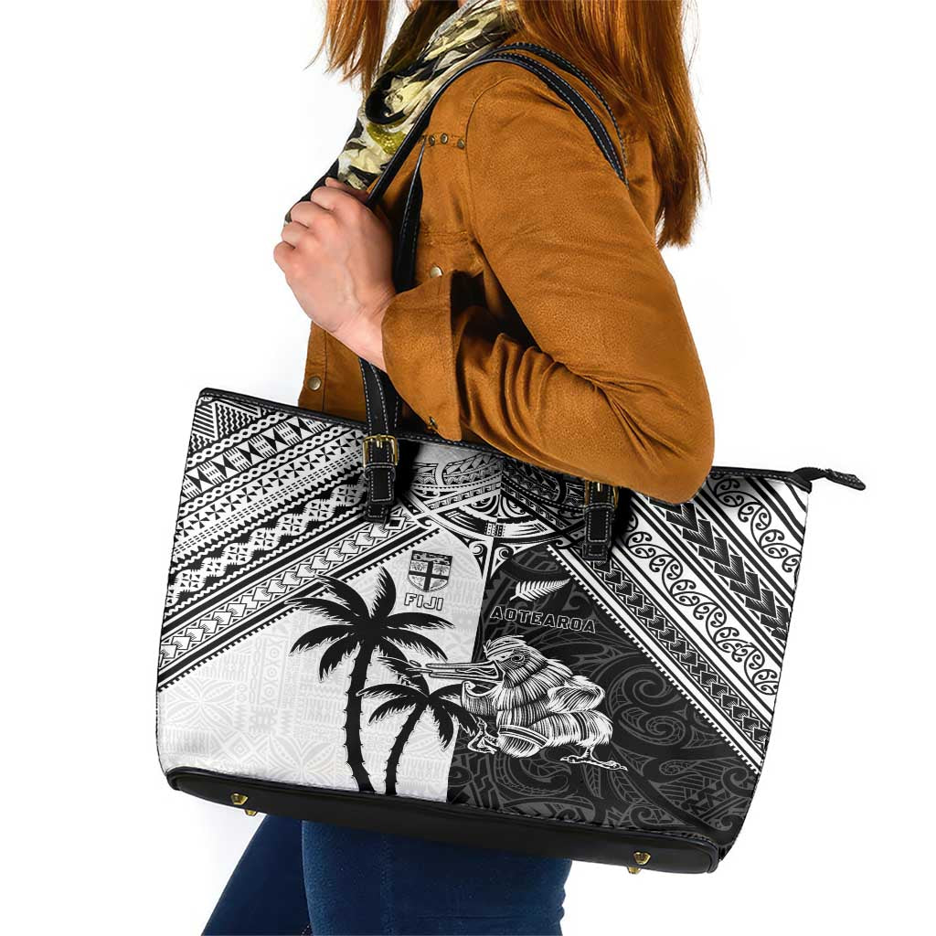 New Zealand And Fiji Rugby 2024 Leather Tote Bag Maori Kiwi With Fijian Palm Tree LT05 Black - Polynesian Pride