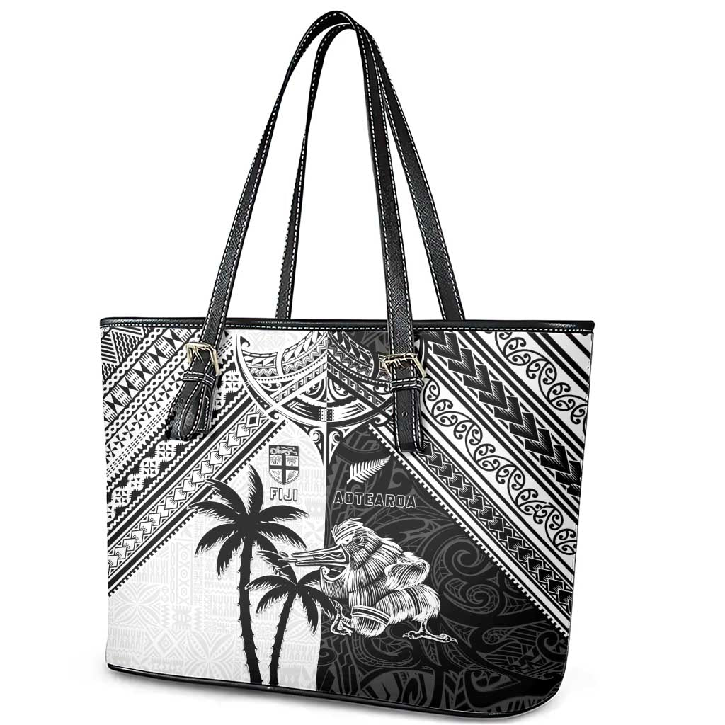 New Zealand And Fiji Rugby 2024 Leather Tote Bag Maori Kiwi With Fijian Palm Tree LT05 - Polynesian Pride
