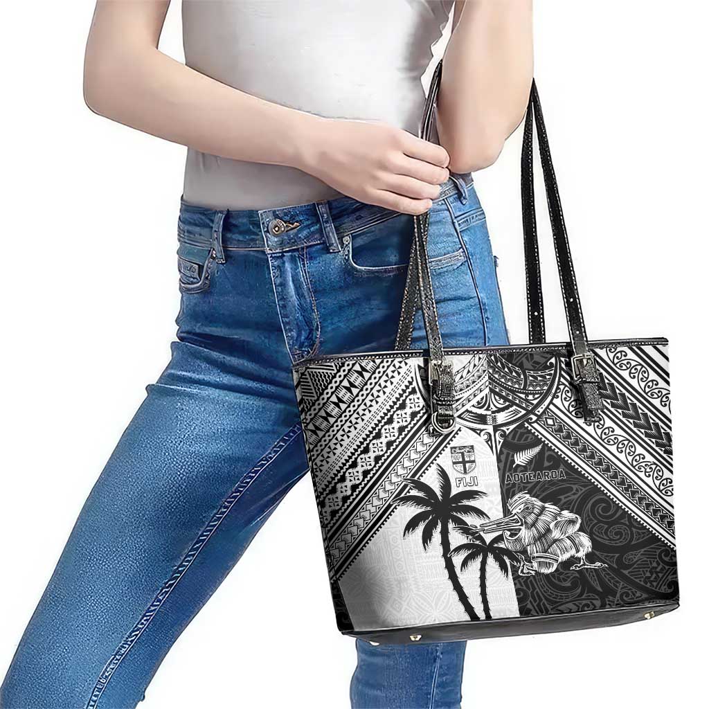 New Zealand And Fiji Rugby 2024 Leather Tote Bag Maori Kiwi With Fijian Palm Tree LT05 - Polynesian Pride