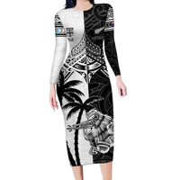Custom New Zealand And Fiji Rugby 2024 Long Sleeve Bodycon Dress Maori Kiwi With Fijian Palm Tree LT05 Long Dress Black - Polynesian Pride