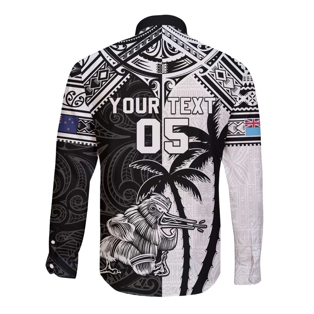 Custom New Zealand And Fiji Rugby 2024 Long Sleeve Button Shirt Maori Kiwi With Fijian Palm Tree LT05 - Polynesian Pride