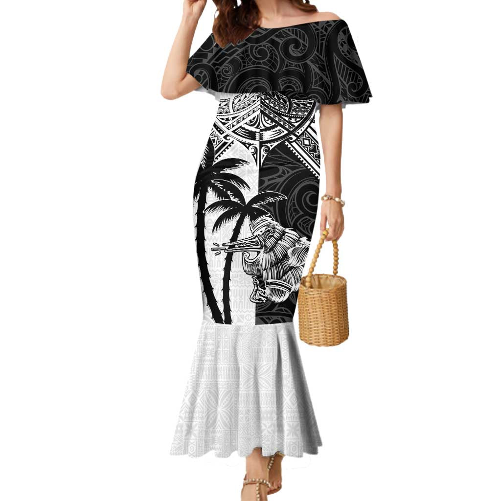 Custom New Zealand And Fiji Rugby 2024 Mermaid Dress Maori Kiwi With Fijian Palm Tree LT05 Women Black - Polynesian Pride