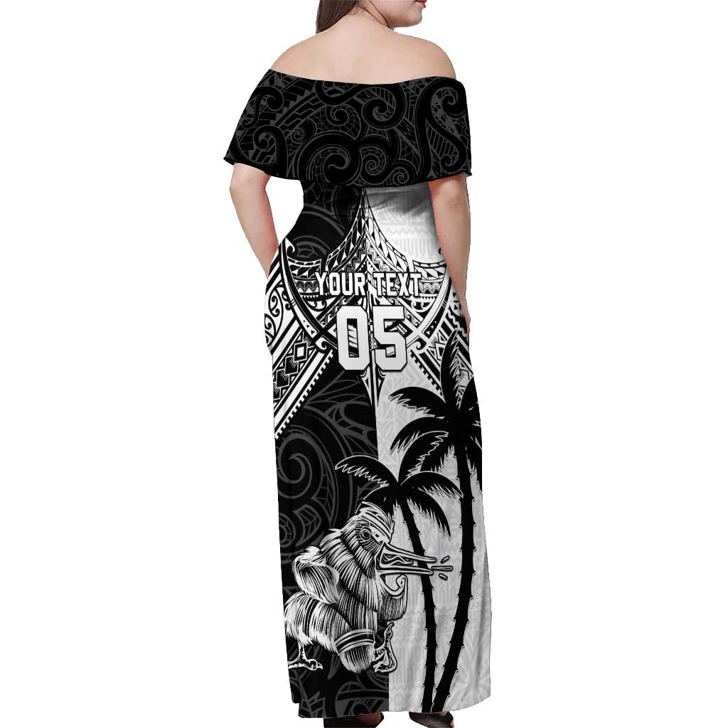 Custom New Zealand And Fiji Rugby 2024 Off Shoulder Maxi Dress Maori Kiwi With Fijian Palm Tree LT05 - Polynesian Pride