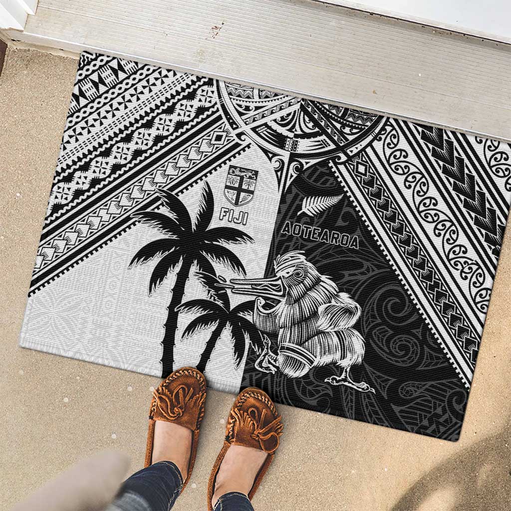 New Zealand And Fiji Rugby 2024 Rubber Doormat Maori Kiwi With Fijian Palm Tree LT05 - Polynesian Pride