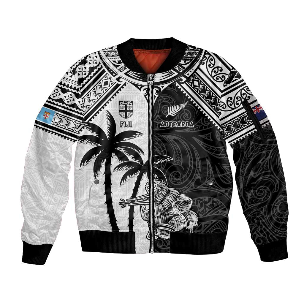 Custom New Zealand And Fiji Rugby 2024 Sleeve Zip Bomber Jacket Maori Kiwi With Fijian Palm Tree LT05 Unisex Black - Polynesian Pride